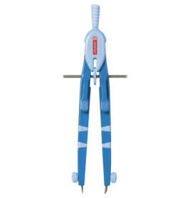 Blau-grauer Zirkel mit Bleistifthalter und Einstellschraube.