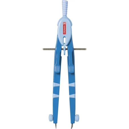 Blau-grauer Zirkel mit Bleistifthalter und Einstellschraube.
