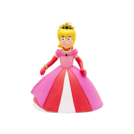 Eine Plastikprinzessin mit goldener Krone und rosa-weißem Kleid steht auf weißem Hintergrund.