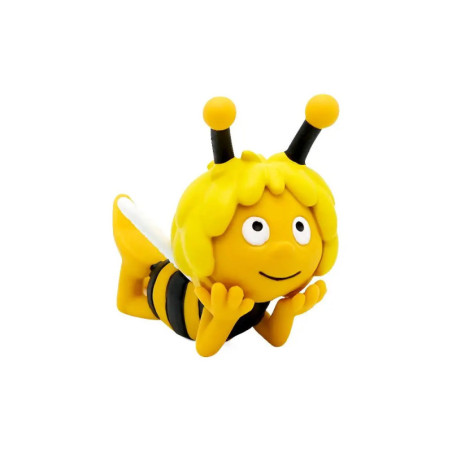 Eine Biene mit gelb-schwarzen Streifen liegt auf dem Bauch und lächelt, die Hände unter dem Kinn. Eine Biene mit gelb-schwarzen Streifen liegt auf dem Bauch und lächelt, die Hände unter dem Kinn.