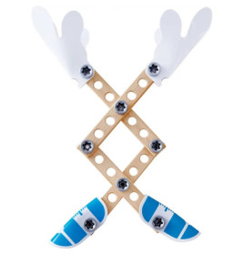 Zwei gekreuzte Holzleisten mit blauen Kunststoffteilen unten und weißen, flügelartigen Formen oben.