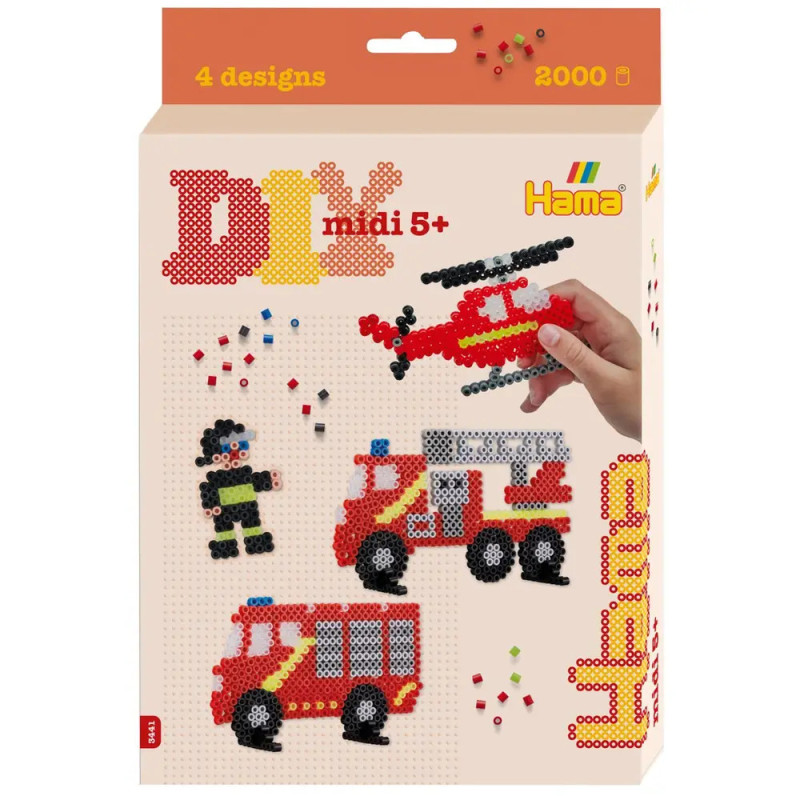 Hama-Perlen-Set mit Feuerwehrmann, Feuerwehrauto, Hubschrauber aus bunten Perlen, Hand legt Perle.