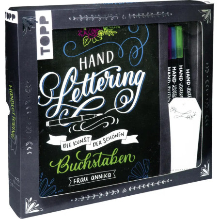 Handlettering-Set mit deutschem Text: Drei Stifte und Übungsheft in dekorativer schwarzer Box. Handlettering-Set mit deutschem Text: Drei Stifte und Übungsheft in dekorativer schwarzer Box.