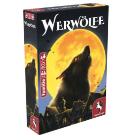 Spielschachtel von Werwölfe mit heulendem Wolf vor großem Vollmond über Hausdächern.