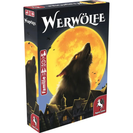 Spielschachtel von Werwölfe mit heulendem Wolf vor großem Vollmond über Hausdächern. Spielschachtel von Werwölfe mit heulendem Wolf vor großem Vollmond über Hausdächern.
