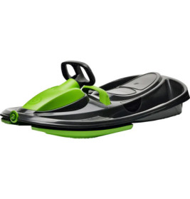 Schwarzer und grüner Plastikschlitten mit Lenkrad und Sitz.