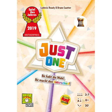 Just One: Spielecover mit bunten Buchstaben, Auszeichnungen und Spielerinfos auf Sternen-Hintergrund.