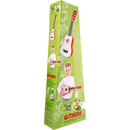 Dreieckige grüne Box mit dem Bild eines Kindes mit Spielzeuggitarre und dem Text Gitarre auf der Vorderseite.