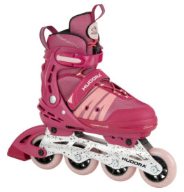 Pinkfarbener Inline-Skate mit vier Rollen, weißen Details und HUDORA-Logo.