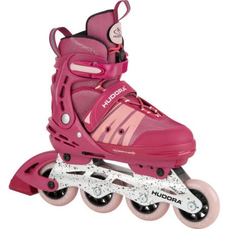 Pinkfarbener Inline-Skate mit vier Rollen, weißen Details und HUDORA-Logo. Pinkfarbener Inline-Skate mit vier Rollen, weißen Details und HUDORA-Logo.