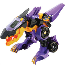 Spielzeug-Dinosaurierroboter in Lila, Gelb und Schwarz mit Rädern als Beinen und durchsichtigem Cockpit-Kopf.