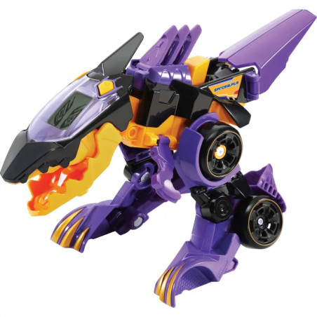 Spielzeug-Dinosaurierroboter in Lila, Gelb und Schwarz mit Rädern als Beinen und durchsichtigem Cockpit-Kopf. Spielzeug-Dinosaurierroboter in Lila, Gelb und Schwarz mit Rädern als Beinen und durchsichtigem Cockpit-Kopf.