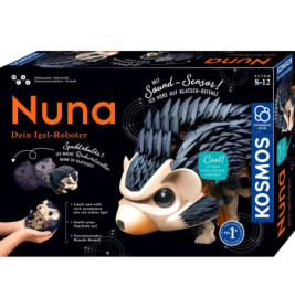 Box des Nuna Igel-Roboterkits mit dem aufgebauten Roboter und Altersangabe 8-12, sowie Hinweisen zu den Funktionen.