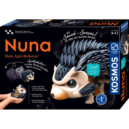 Box des Nuna Igel-Roboterkits mit dem aufgebauten Roboter und Altersangabe 8-12, sowie Hinweisen zu den Funktionen. Box des Nuna Igel-Roboterkits mit dem aufgebauten Roboter und Altersangabe 8-12, sowie Hinweisen zu den Funktionen.