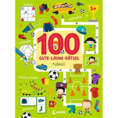 Buntes deutsches Rätselbuch mit Fußballthema, Kindern, Bällen und spielerischen Aktivitäten. Buntes deutsches Rätselbuch mit Fußballthema, Kindern, Bällen und spielerischen Aktivitäten.