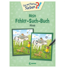 Buchcover mit zwei ähnlichen Pferdeabbildungen und deutschem Text zu einem Such-die-Fehler-Rätselbuch.