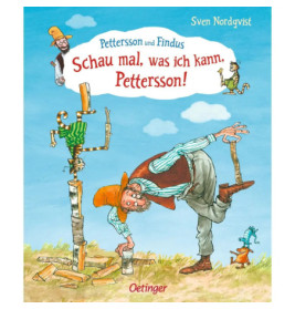 Ein alter Mann balanciert auf einem Bein, während eine gestreifte Katze Holz stapelt und Handstände macht.