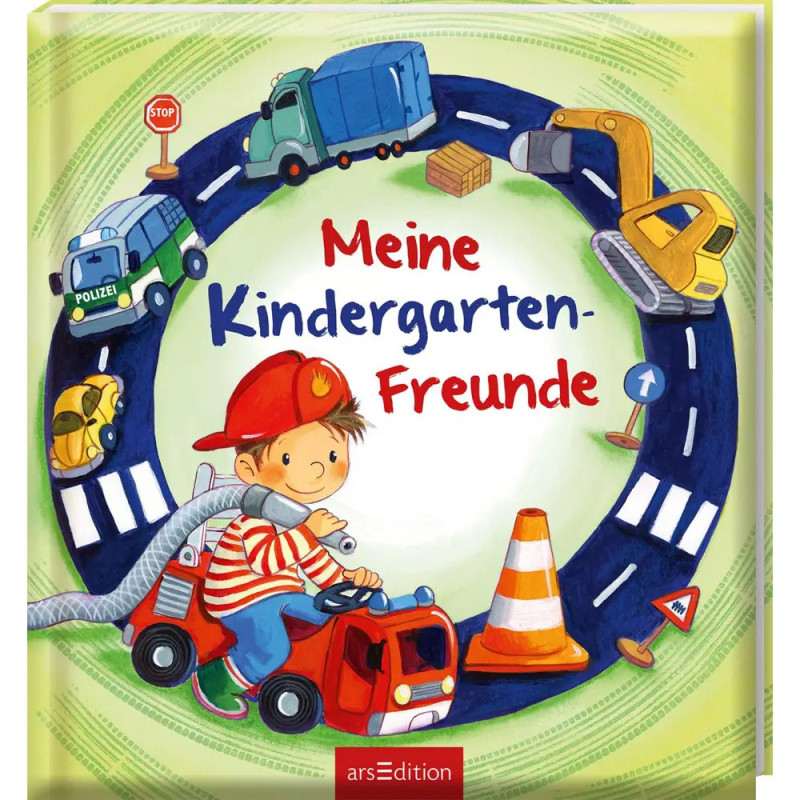 Illustrierter Buchumschlag: Ein Junge auf einem Spielzeug-Feuerwehrauto, Fahrzeuge, Titel Meine Kindergarten-Freunde.