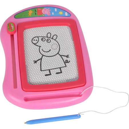 Pinke Magnet-Zeichentafel mit Cartoon-Schwein und blauem Stift, der per Schnur befestigt ist.