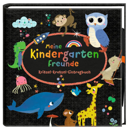 Cover eines Kinderbuchs mit bunten Tieren und dem deutschen Titel Meine Kindergarten Freunde.