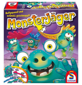 Bunte Monsterjäger-Spieleschachtel mit Cartoon-Monstern und gelber, auffälliger Titelschrift.