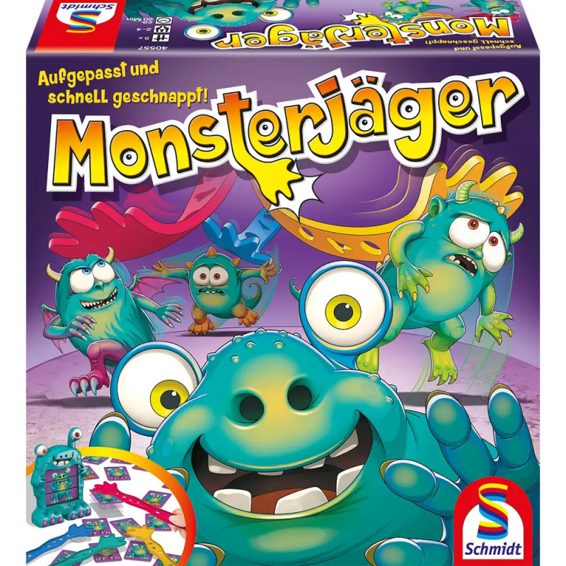 Bunte Monsterjäger-Spieleschachtel mit Cartoon-Monstern und gelber, auffälliger Titelschrift. Bunte Monsterjäger-Spieleschachtel mit Cartoon-Monstern und gelber, auffälliger Titelschrift.