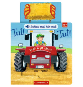 Ein lachendes Kind fährt einen roten Traktor mit Heuballen. Text: Tut! Tut! Wer hupt hier? Der Traktor.