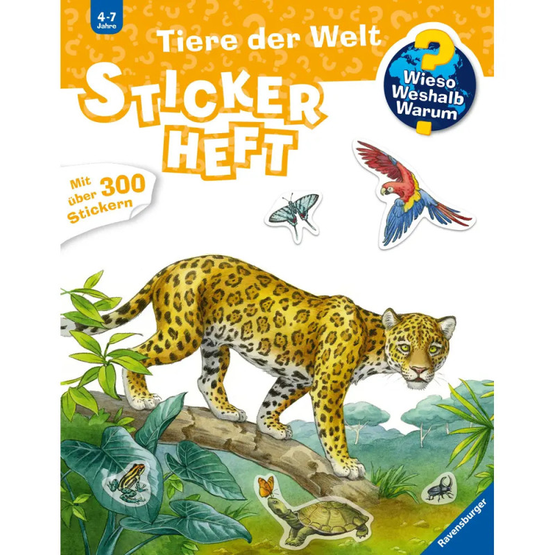 Stickerbuch-Cover mit Jaguar, Papagei, Frosch und Schildkröte. Titel: Tiere der Welt Sticker Heft.