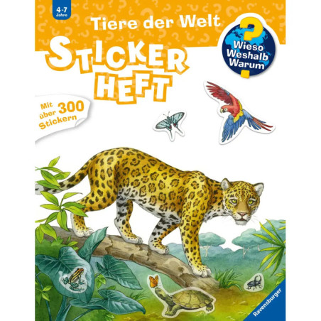Stickerbuch-Cover mit Jaguar, Papagei, Frosch und Schildkröte. Titel: Tiere der Welt Sticker Heft.
