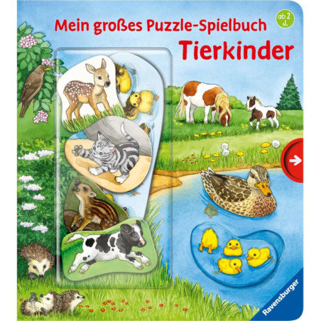 Rätselbuch-Cover mit Abbildungen von Jungtieren: Rehkitz, Entenküken, Kätzchen, Fohlen und Streifenhörnchen.