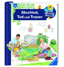 Illustration: Familie pflegt ein Grab mit Blumen und Grabstein auf dem Cover eines Kinderbuchs.