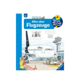 Kinderbuchcover: Ein Flugzeug am Flughafen mit Arbeitern und Fahrzeugen, Titel Alles über Flugzeuge.
