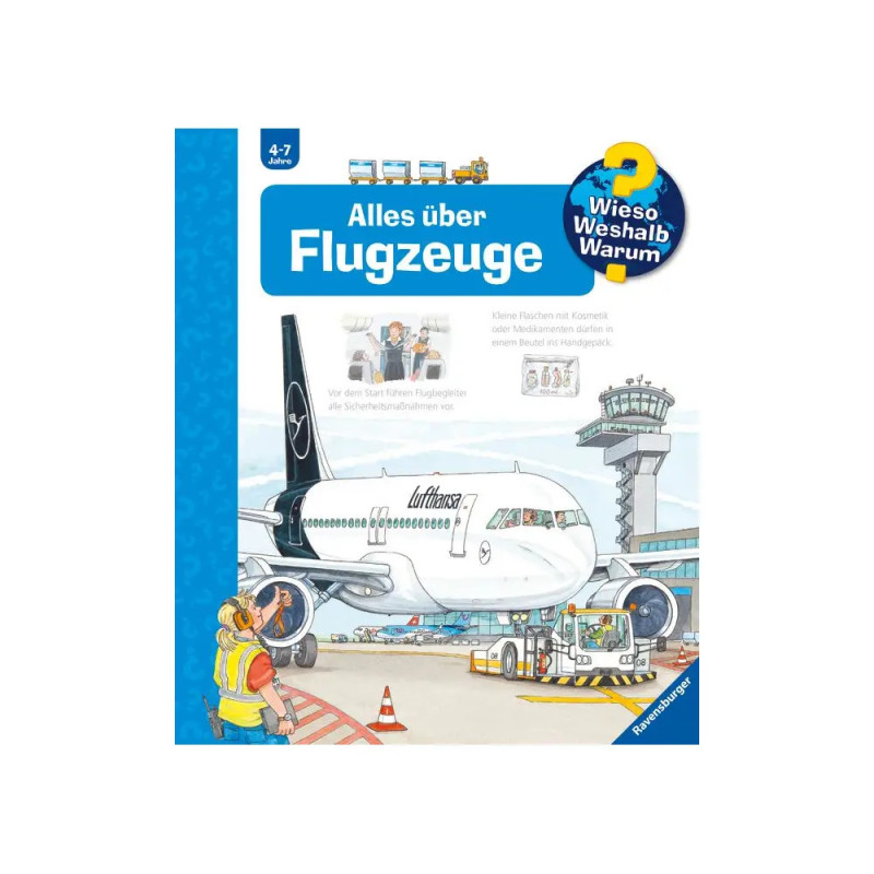 Kinderbuchcover: Ein Flugzeug am Flughafen mit Arbeitern und Fahrzeugen, Titel Alles über Flugzeuge. Kinderbuchcover: Ein Flugzeug am Flughafen mit Arbeitern und Fahrzeugen, Titel Alles über Flugzeuge.