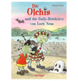 Zwei grüne Wesen in schottischer Kleidung stehen mit einem Geist an einem Loch, im Hintergrund ein See.