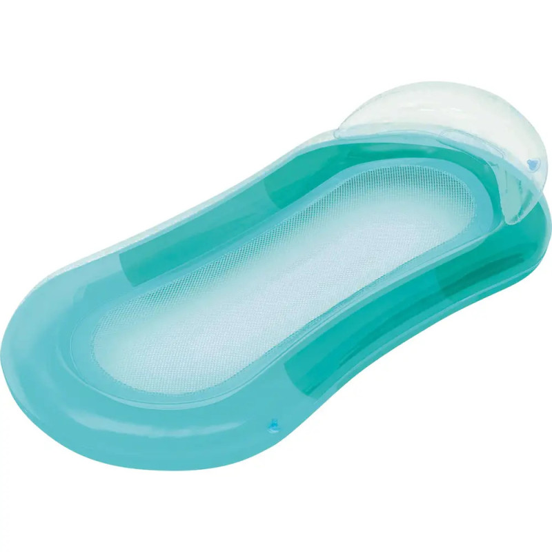 Blaue Luftmatratze mit Mesh-Einsatz in der Mitte und integriertem Kopfteil. Blaue Luftmatratze mit Mesh-Einsatz in der Mitte und integriertem Kopfteil.