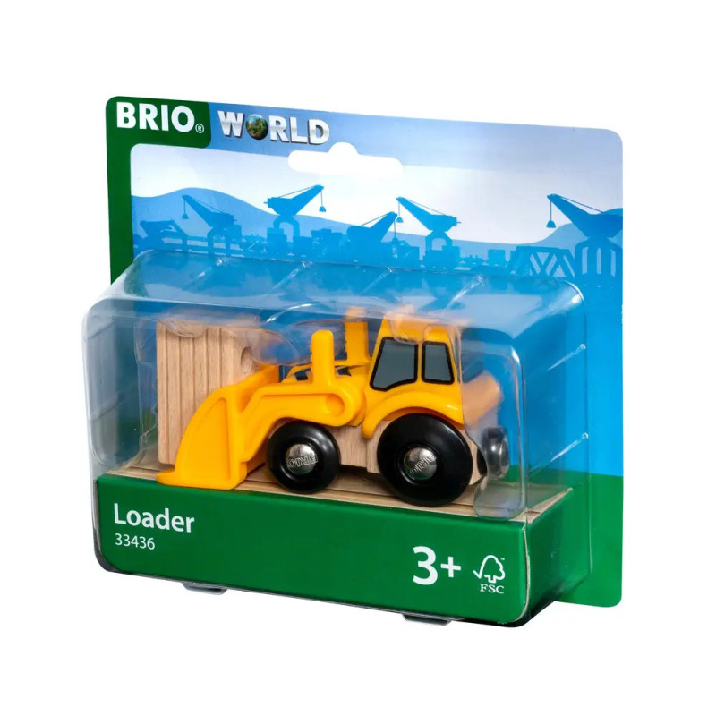 Spielzeug-Bagger in Verpackung, beschriftet mit Loader, geeignet ab 3 Jahren, von BRIO World.