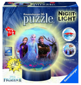 Ravensburger Frozen II 3D Puzzle-Nachtlicht mit Elsa, Anna, Olaf, Kristoff und Sven auf der Verpackung.