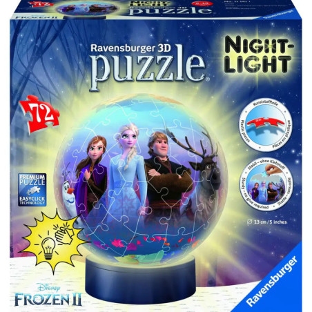 Ravensburger Frozen II 3D Puzzle-Nachtlicht mit Elsa, Anna, Olaf, Kristoff und Sven auf der Verpackung. Ravensburger Frozen II 3D Puzzle-Nachtlicht mit Elsa, Anna, Olaf, Kristoff und Sven auf der Verpackung.