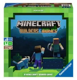 Minecraft Builders & Biomes Brettspielschachtel mit zwei Figuren, Hund und Spieldetails auf dem Cover.