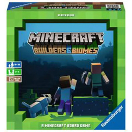 Minecraft Builders & Biomes Brettspielschachtel mit zwei Figuren, Hund und Spieldetails auf dem Cover. Minecraft Builders & Biomes Brettspielschachtel mit zwei Figuren, Hund und Spieldetails auf dem Cover.