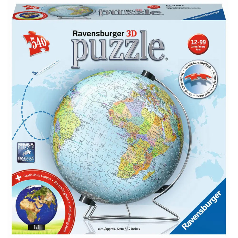 Ravensburger 3D-Globus-Puzzle mit 540 Teilen für 12-99 Jahre, abgebildet als fertiger Globus auf einem Ständer. Ravensburger 3D-Globus-Puzzle mit 540 Teilen für 12-99 Jahre, abgebildet als fertiger Globus auf einem Ständer.