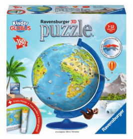 Ravensburger 3D-Globus-Puzzle für Kinder (7-12) mit fertigem Globus und Poster auf der Verpackung.