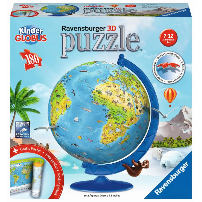 Ravensburger 3D-Globus-Puzzle für Kinder (7-12) mit fertigem Globus und Poster auf der Verpackung.