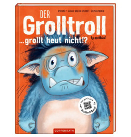 Buchcover: Ein trauriger blauer Troll vor orangefarbenem Hintergrund, Titel Der Grolltroll ...grollt heut nicht!?.