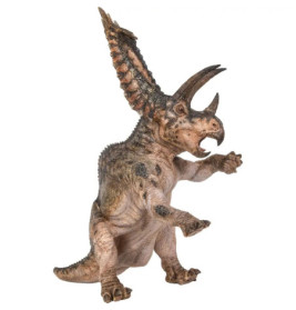 Dinosaurierfigur mit großem Nackenschild, zwei langen Hörnern, steht auf den Hinterbeinen.