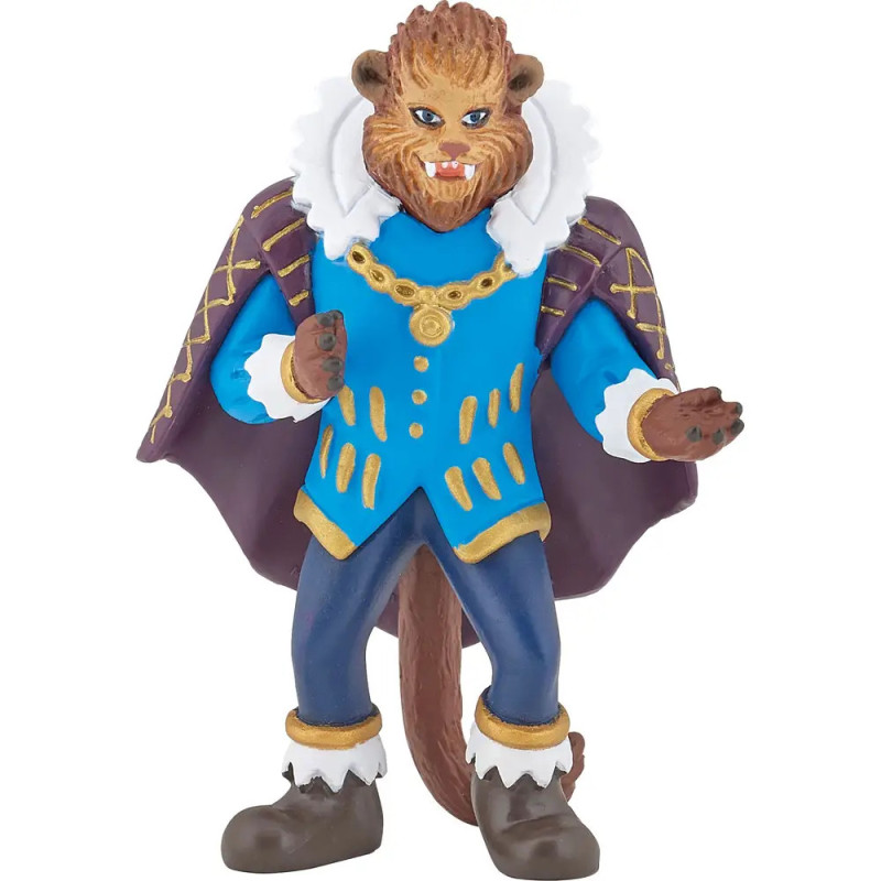 Eine Spielfigur eines aufrecht stehenden Biests mit blauem Mantel, Goldkette und lila Umhang.
