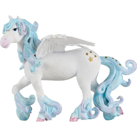 Spielzeugfigur: Weißes, geflügeltes Einhorn mit blauer Mähne, Schweif, goldenen Sternen und pinken Hufen.