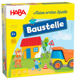 Bunte HABA-Spieleschachtel mit Comic-Tieren, Haus, Spielzeug-LKW und dem Schriftzug Baustelle.