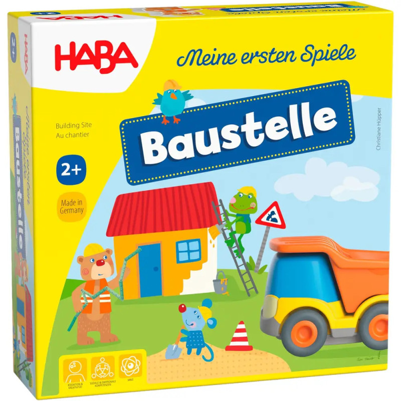 Bunte HABA-Spieleschachtel mit Comic-Tieren, Haus, Spielzeug-LKW und dem Schriftzug Baustelle. Bunte HABA-Spieleschachtel mit Comic-Tieren, Haus, Spielzeug-LKW und dem Schriftzug Baustelle.