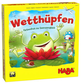 Gelbe HABA-Spielschachtel mit lächelndem Frosch auf Seerose und dem Titel Wetthüpfen in bunten Buchstaben.